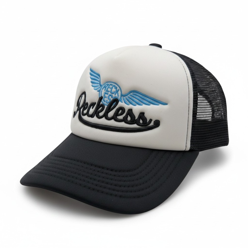 Young & Reckless Trucker Hat Black White Blue Winged Logo Snapback Mesh Cap